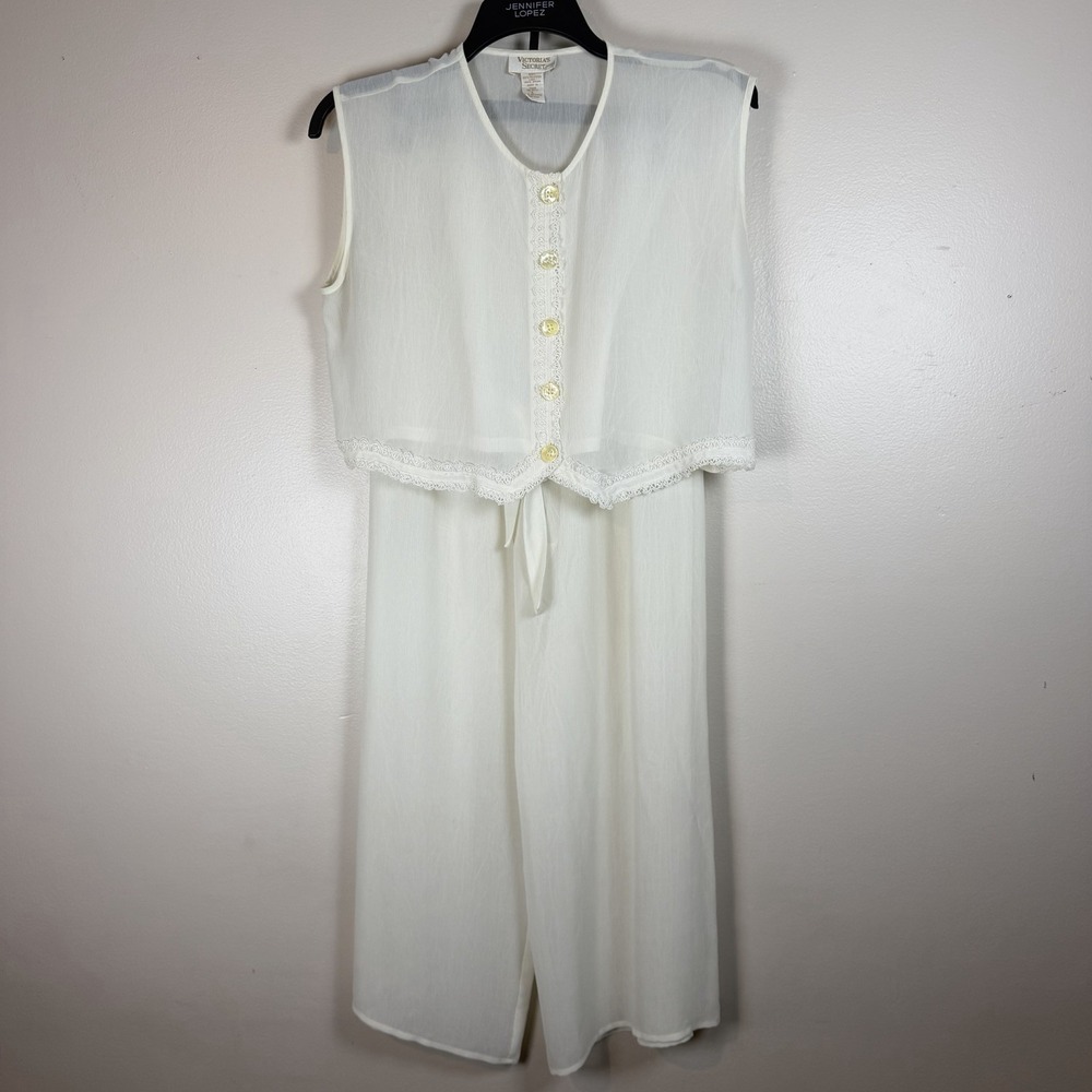 Vintage Victoria's Secret Chiffon Pajama Set Sheer Ivory Coquette Large 90s